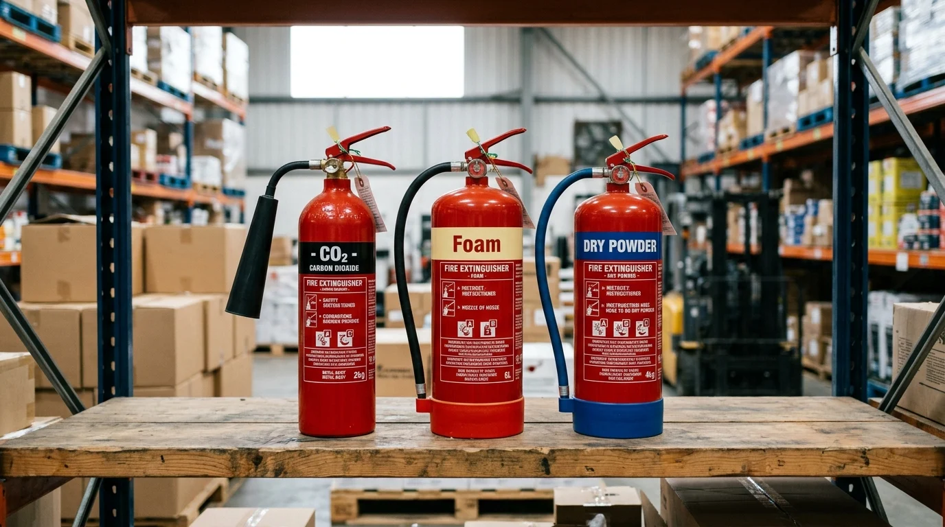 Сравнение типов огнетушителей: CO2, пенные и порошковые.